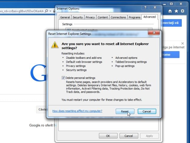 [Image: Reset Internet Explorer to its default settings to remove OffersWizard]