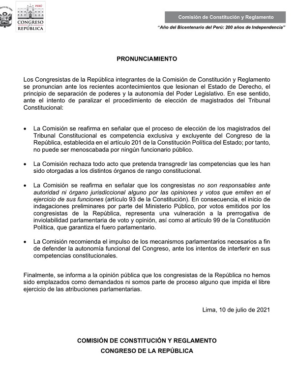 Noticias de política del Perú - Página 2 PronunciamientoComisionConstitucionCongresoPeru_10jul2021_EleccionMagistradosTC_ComisionConstitucionReglamento