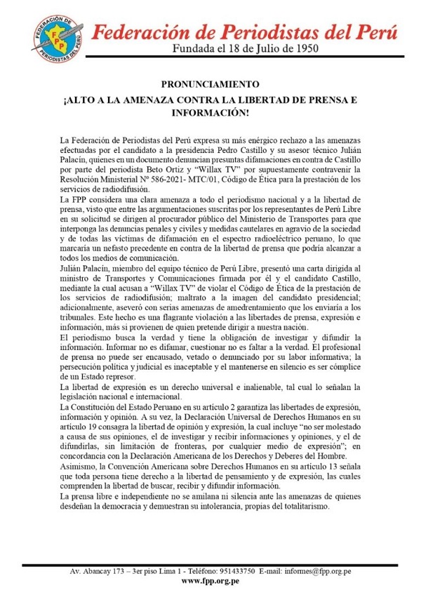 Noticias de política del Perú - Página 2 Pronunciamiento_FPP_LibertadexpresionWillaxTV_10jul2021_FederacionPeriodistasPeru