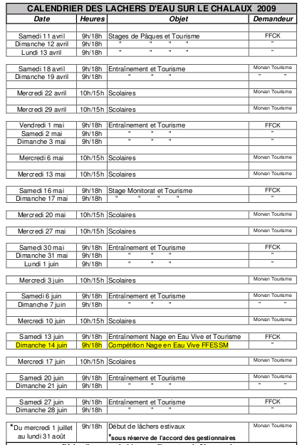 Calendrier des lachs d'eau Chalaux