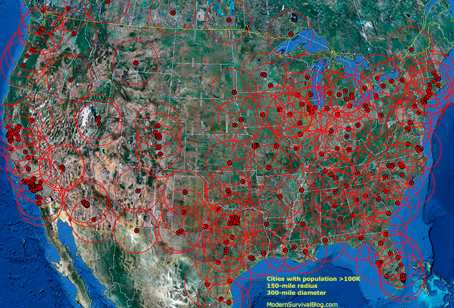 Temores de una Guerra Global Bionuclear provoca Migraciones de las Elites hacia áreas de supervivencia Usa-survival-location-map-300-mile-zones-not-safe-with-population-more-than-100-thousand