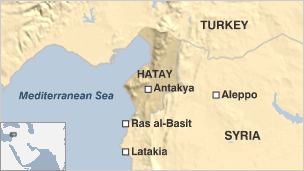 Turkish F-4 warplane 'shot down' near Syrian border _61086574_syria_turkey_rasalbasit_0612