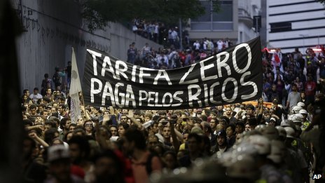 Idiotic entitlement mentality: Sao Paulo bus station attacked by protesters demanding free public transport _70724909_019762939