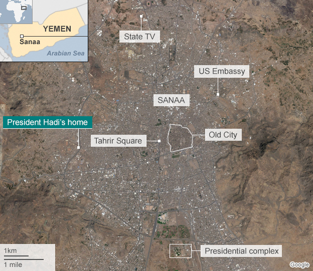 Yemen crisis: President resigns as rebels tighten hold _80396601_sanaa_map624