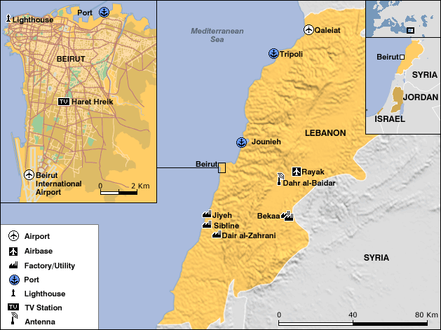 KEY INFRASTRUCTURE DAMAGED IN ISRAELI BOMBING _41933900_leb_beirut_2map629