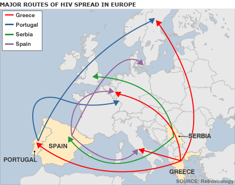 Greece and Serbia the biggest exporters of AIDS _45800104_hiv_spread_466