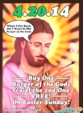 Restaurante causa polêmica ao anunciar promoção de hambúrguer com imagem de Jesus fumando maconha na Páscoa Jesus-get-burger-of-gods-and-smoke-marijuana-163x220