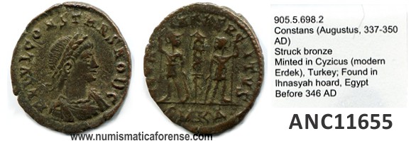 Analizando la procedencia (pedigrí) de 7 monedas romanas atribuidas al tesoro Ihnasyah. Constante-Ihnasyah-hoard-royal-ontario-3