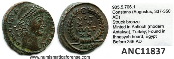 Analizando la procedencia (pedigrí) de 7 monedas romanas atribuidas al tesoro Ihnasyah. Constante-Ihnasyah-hoard-royal-ontario-5