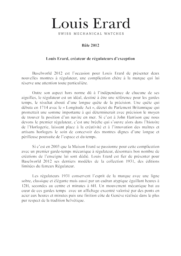 Louis Erard 1931 Classic Régulateur Baselworld 2012 Scxkxf