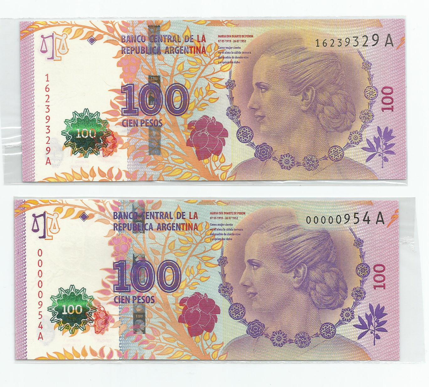 billete - 100 pesos - Eva Duarte de Peron Hwliea