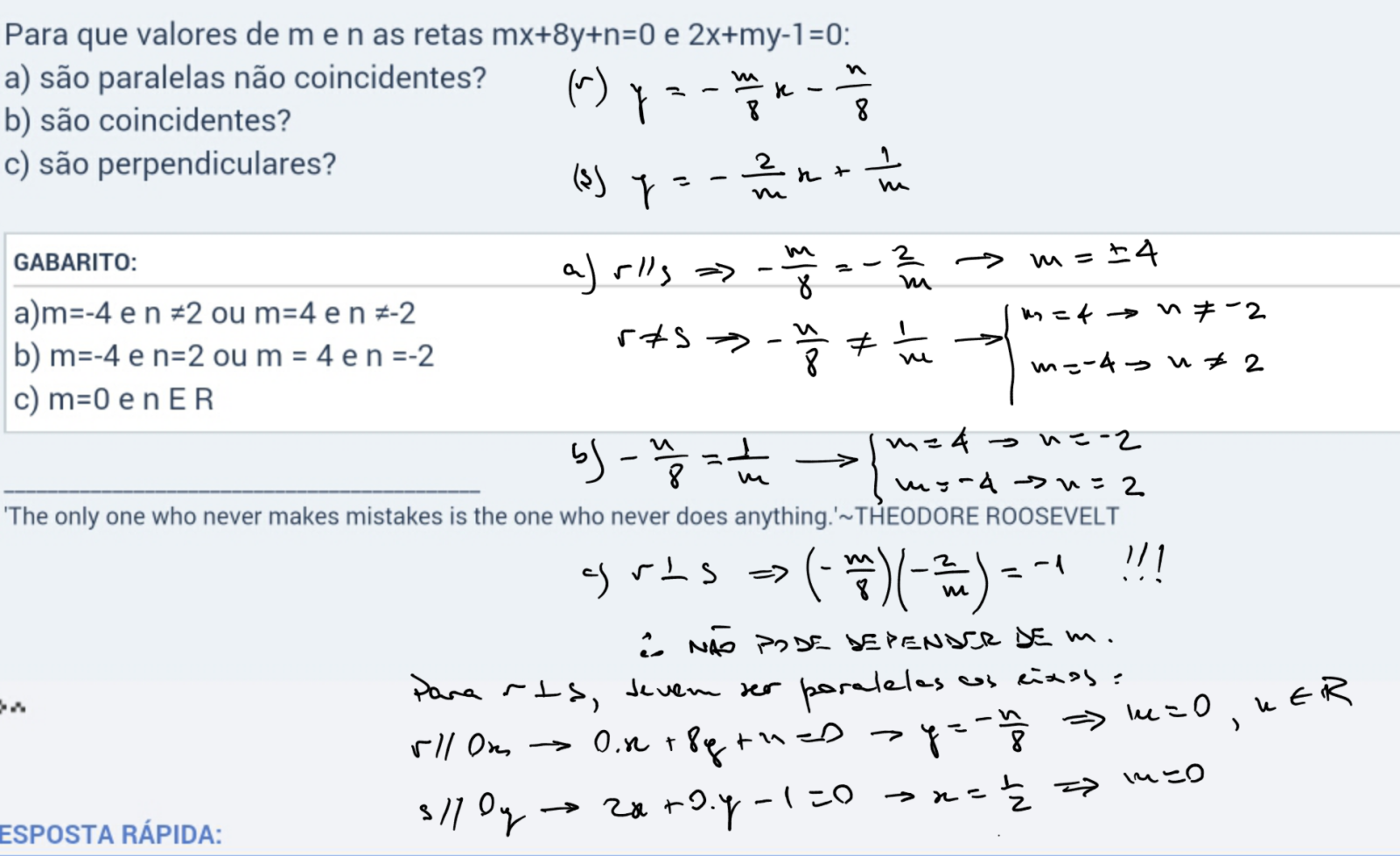 Para que valores de m e n as retas mx+8y+n=0  161nnrn