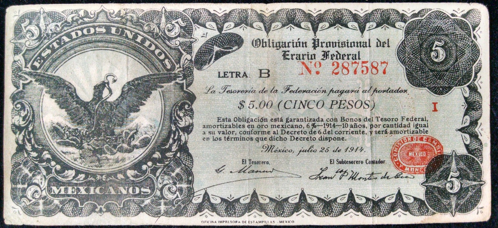 5 pesos 1914 Mexico. 141s9so