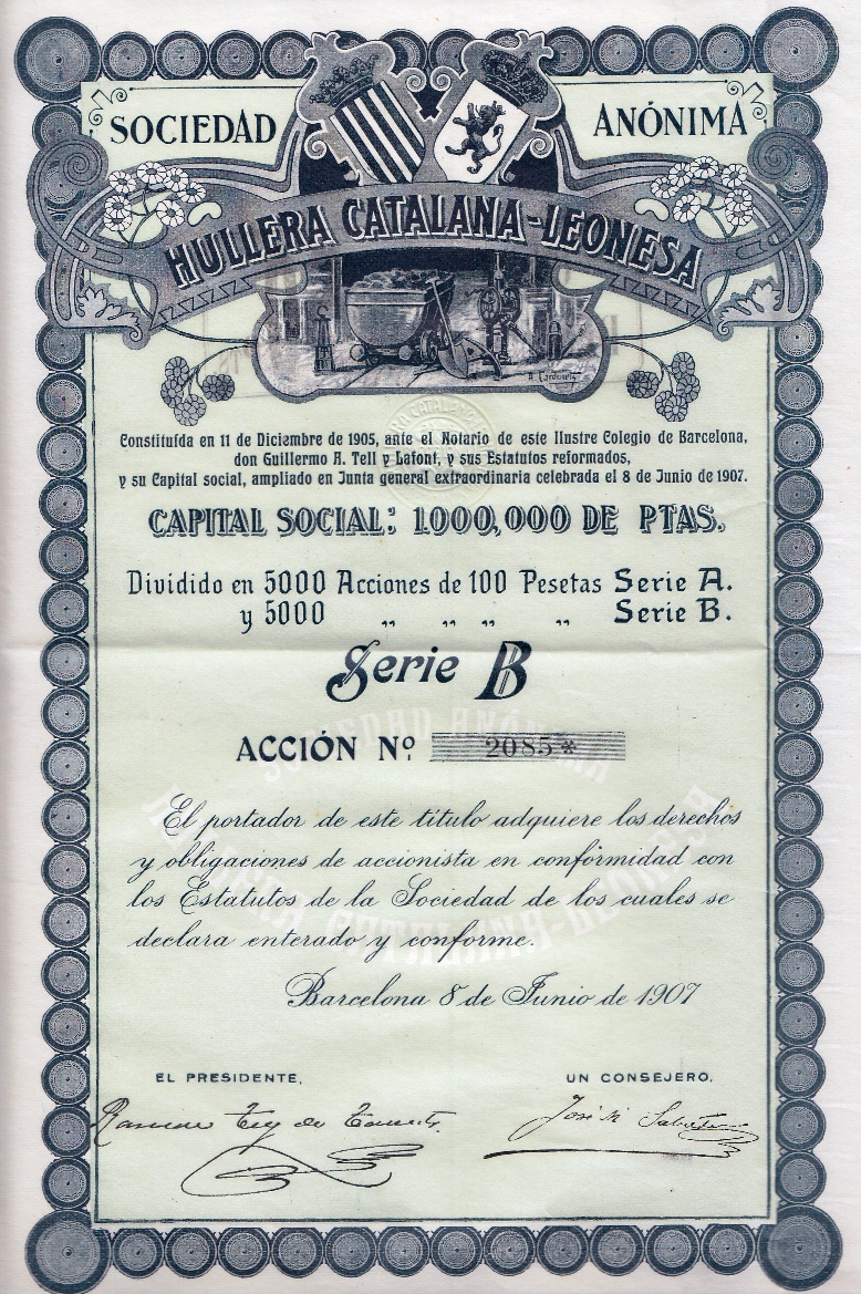 Acción 100 pesetas Hullera Catalana-Leonesa, 1906 Wu19p0