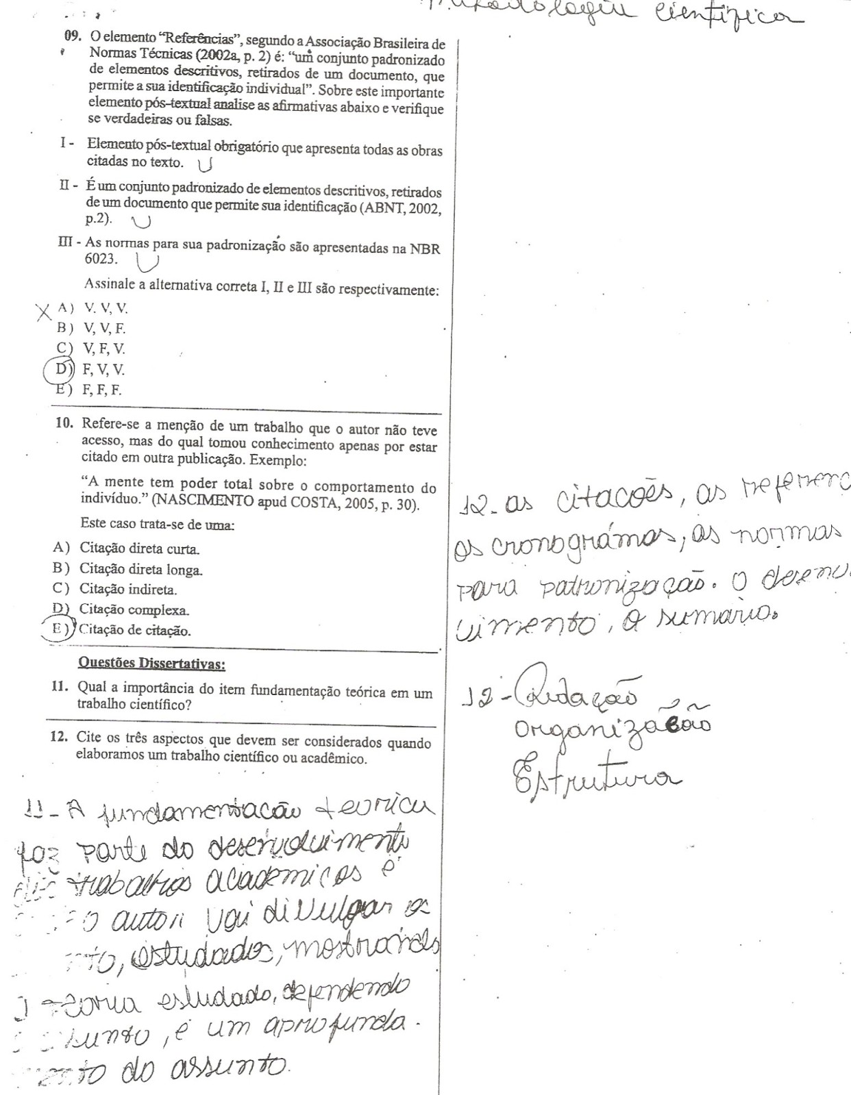 Prova De Metodologia Da Pesquisa Científica Com Gabarito