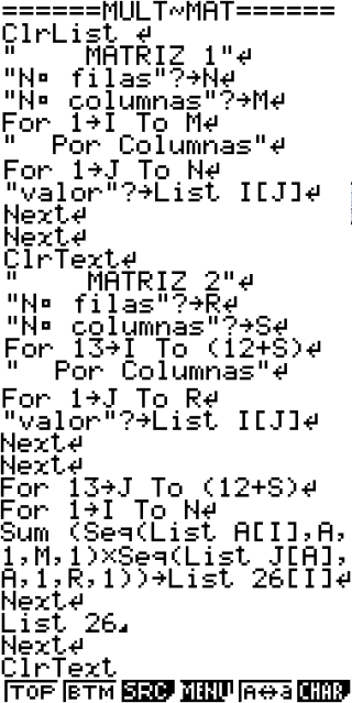 Programa Casio FX 7400GII Multiplicación de Matrices Xf7x48