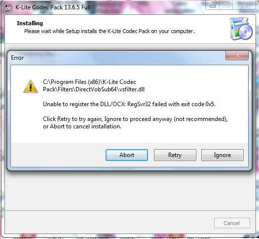 Installation error "Unable to register the DLL/OCX:RegSvr32 failed with exit code 0x5 2lsk8id