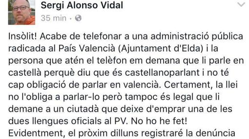 Un edil de Compromís denuncia a una funcionaria en Alicante por hablar en español Sergi-facebook