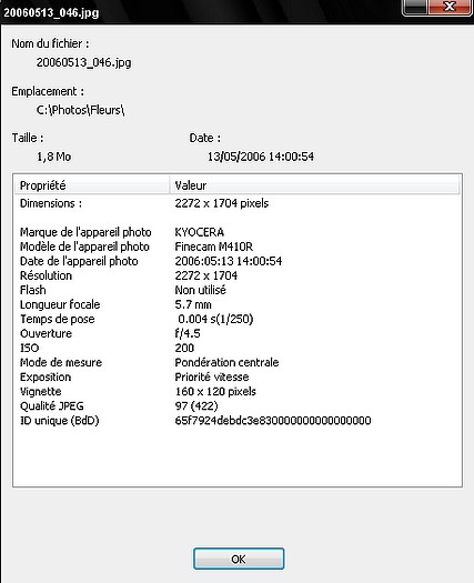 Les propriétés EXIF d'une photo Exif