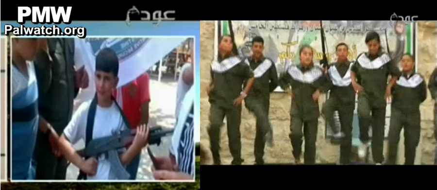   PMW Bulletins PA-Fatah summer camp for kids: AK-47 automatic weapons and youth in military uniforms dancing with rifless   	 Camp1