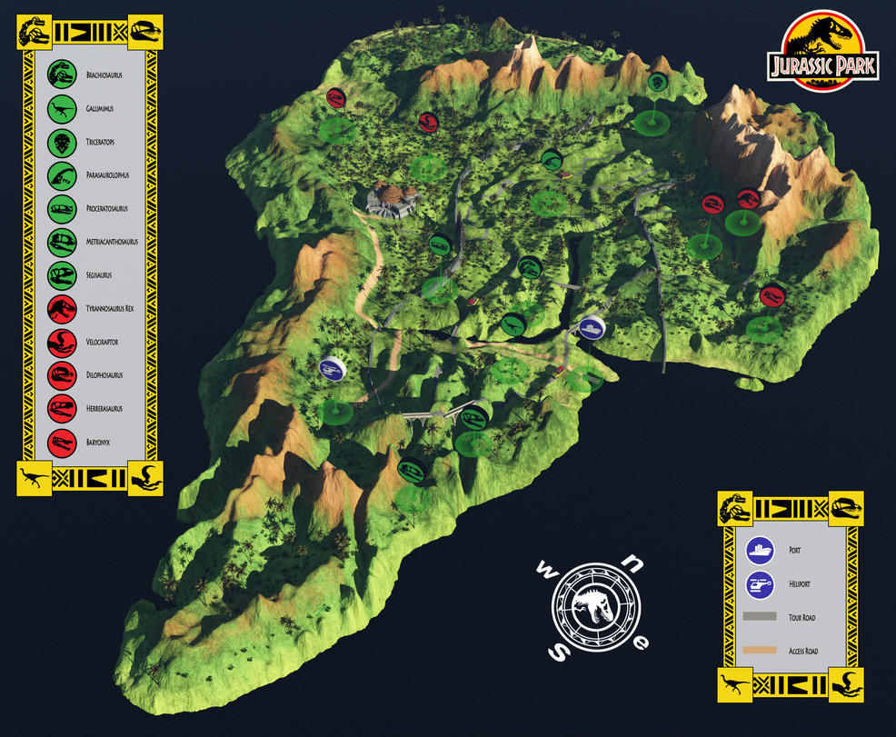 dinosaurios - ¿que habrá sido con los dinosaurios que no aparecen en la película? Jurassic_park_map_by_chakotay02-d8emahu