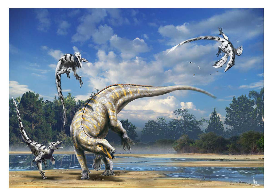 Awesome Paleoart  Tenontosaurus_vs_deinonychus_by_dustdevil-d4t8x1i