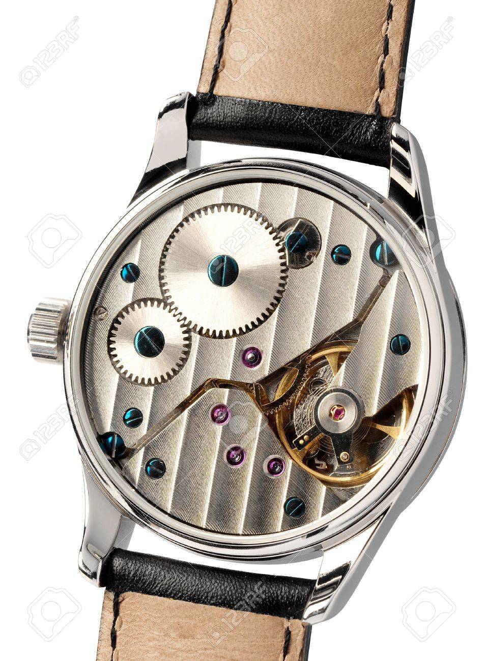 Cherche type de montre a mécanique apparente, mais pas skeleton 17893829-Wristwatch-with-the-back-cover-removed-displaying-the-mechanism-with-its-gears-and-escapement-isolat-Stock-Photo