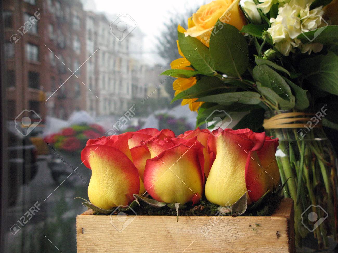 موديلات مزهريات بشكل رائع  - صفحة 2 1526232-Wooden-box-of-three-symetric-red-and-yellow-roses-next-to-silver-metal-background-reflecting-city-bu-Stock-Photo