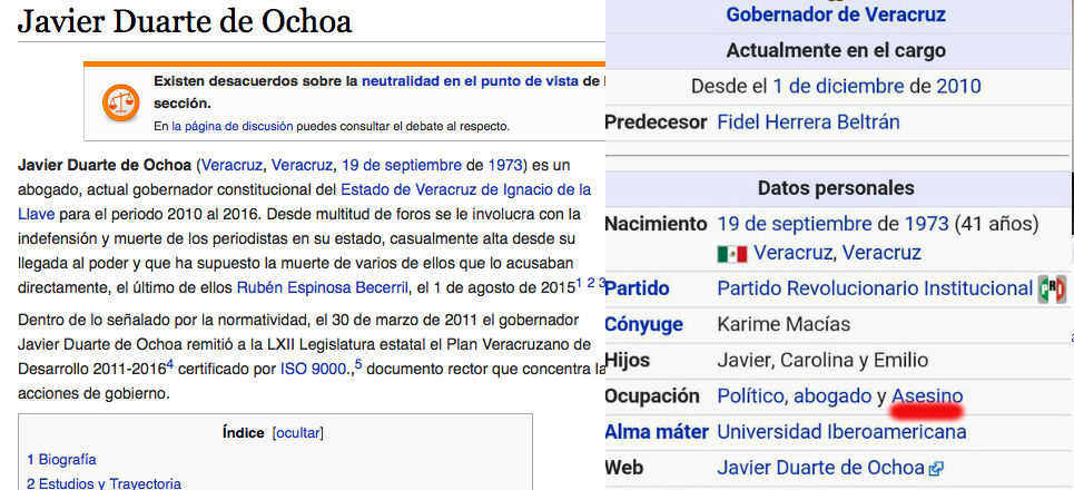 Modifican biografía de Javier Duarte en Wikipedia “ocupación: asesino” Duart