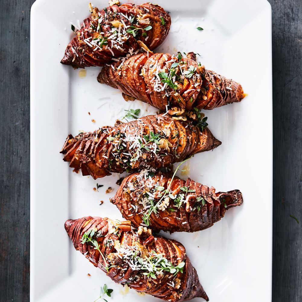 Hasselback Sweet Potatoes with Thyme, Pecans and Parmesan Img18l