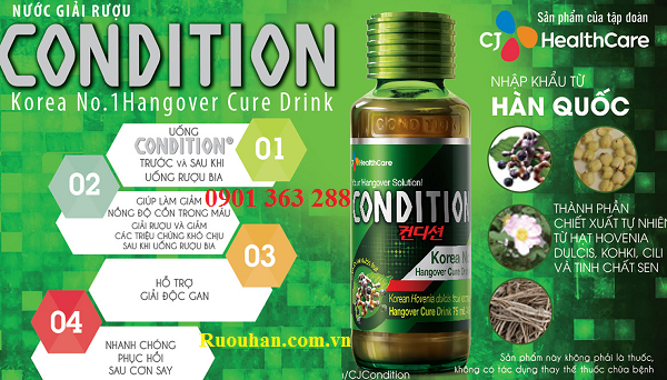 Nước chống say giải rượu condition có giá bán, thành phần, công dụng, cách dùng ra sao? Giai%20ruou%20condition