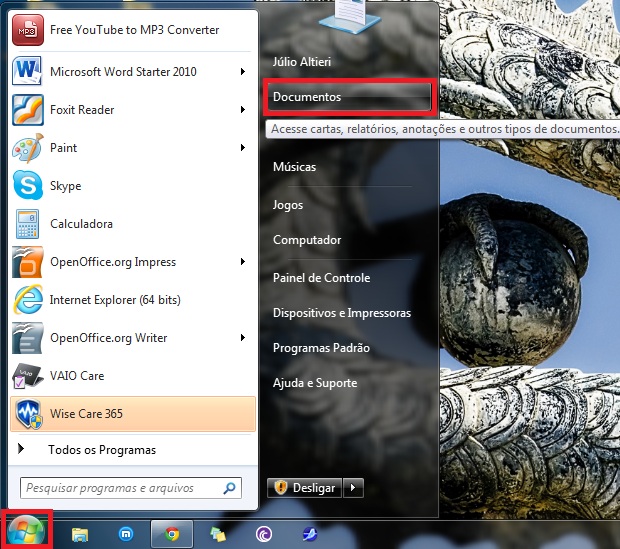 Como 'desocultar' arquivos no Windows 7 Acesse-a-opcao-iniciar-e-depois-selecione-documentos-no-canto-superior-direito-foto-reproducao-julio-altieri