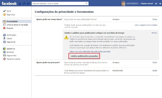 Configurações de Privacidade do Facebook (Foto: Reprodução/Lívia Dâmaso)