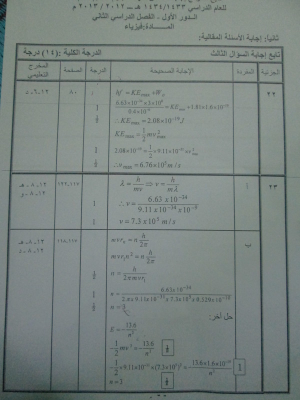 هنـــا نموذج اجابة امتحان الفيزياء - الثاني عشر - 2013 - الفصل الدراسي الثاني Image