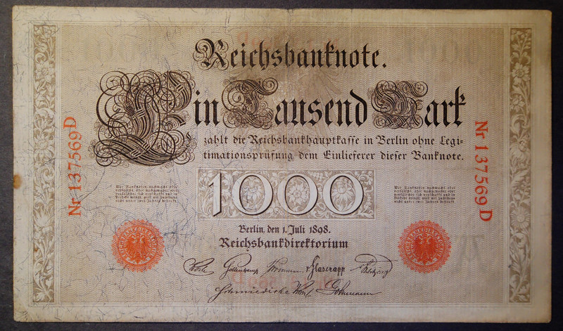 1000 Reichsbanknote Alemania, 1910. SEIS_DIGITOS_ROJOS_1_DE_JULIO_1898_280_EUROS