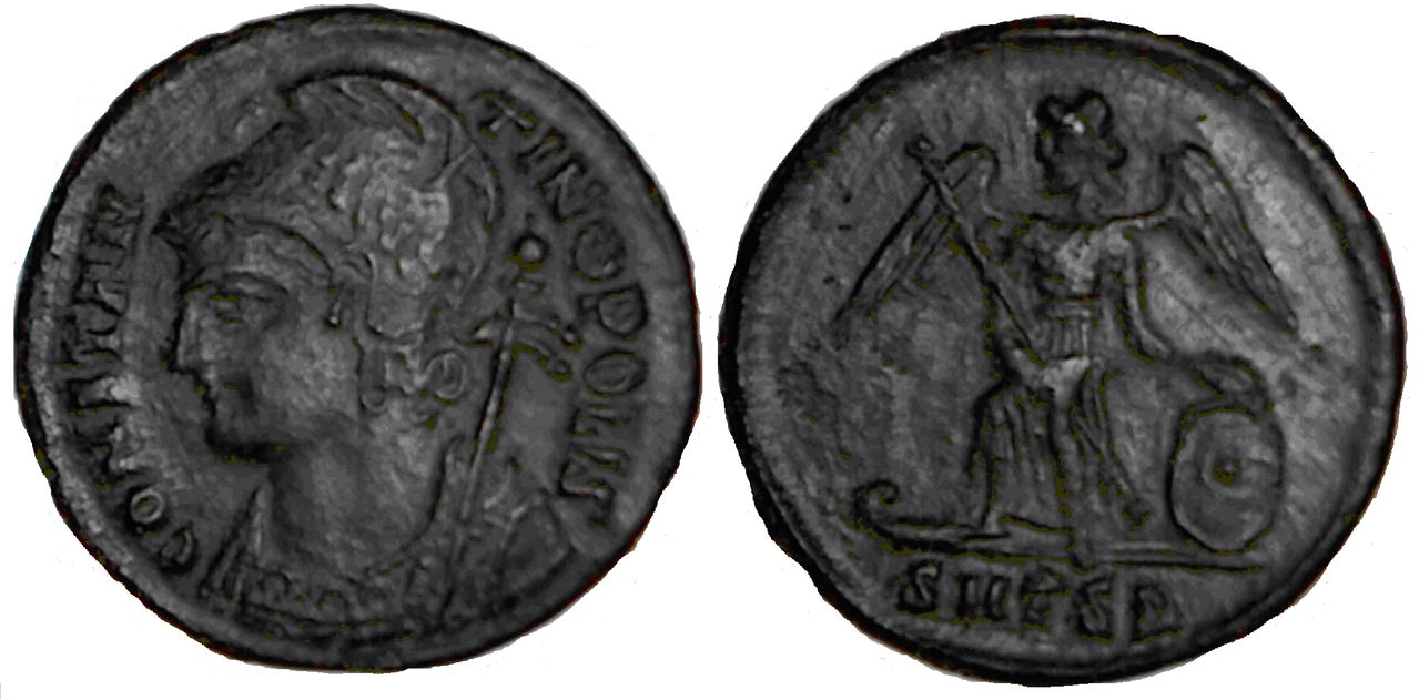 AE3 conmemorativa de Constantinopolis. Victoria sobre proa. Ceca Tesalónica. Conmemorativa