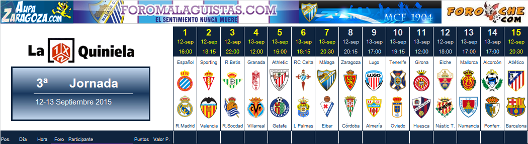 La Quiniela de Zona Malaguista: Jornada 3ª (12-13 Sep.) JQ_Horarios