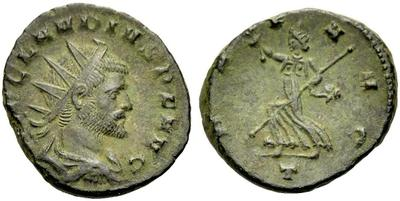 Antoniniano de Claudio II híbrido con reverso de Póstumo tipo ORIENS AVG. Image