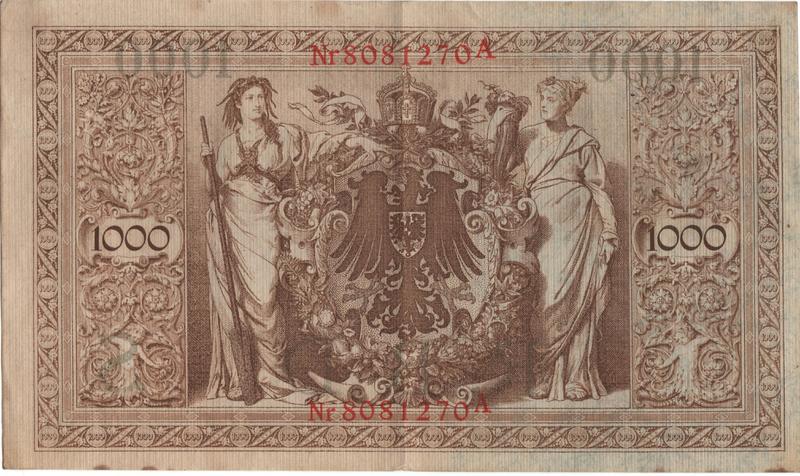 1000 Reichsbanknote Alemania, 1910. ANVERSO_1000_MARCOS_1910