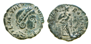 Centenional o fracción de follis de Theodora. PIETAS – ROMANA. Pietas estante de frente. Ceca Constantinopla. Teodora