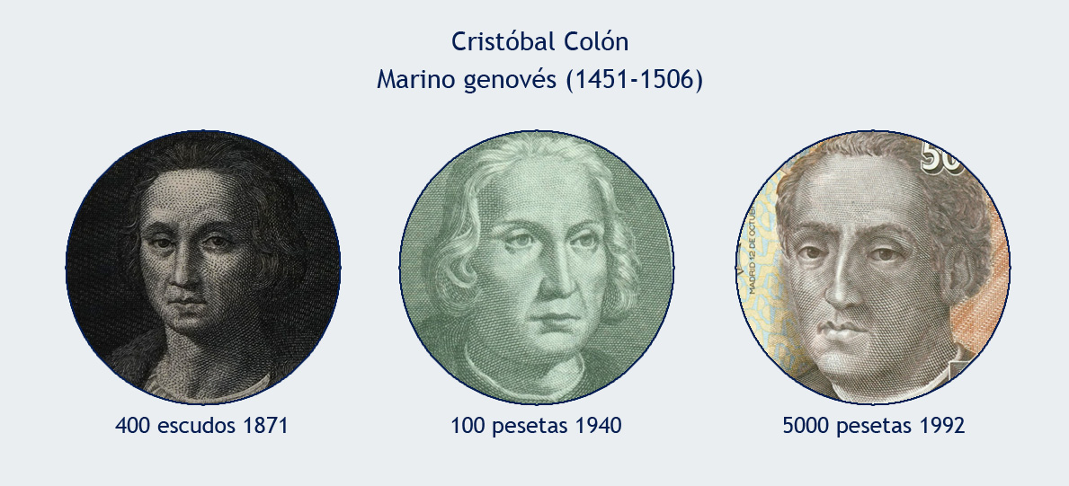 Ilustres del billetario español (mismo personaje en distintos billetes) Colon