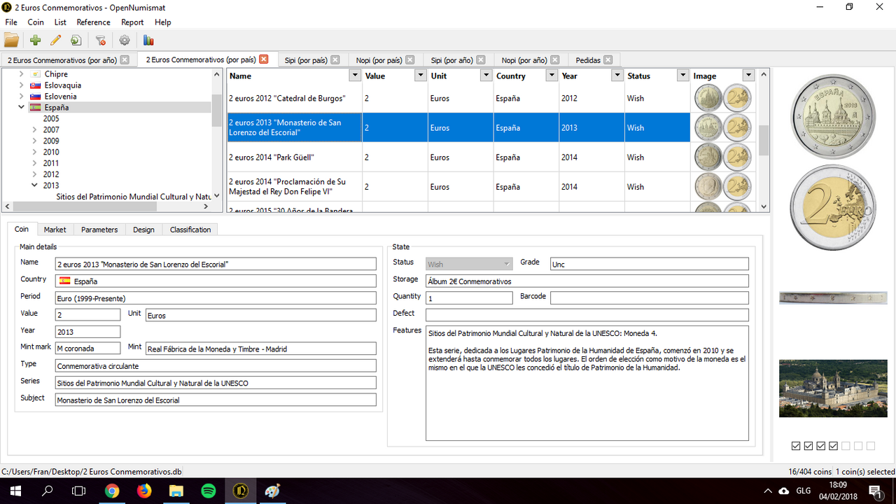 OpenNumismat: Base de datos de 2 euros conmemorativos Captura_1