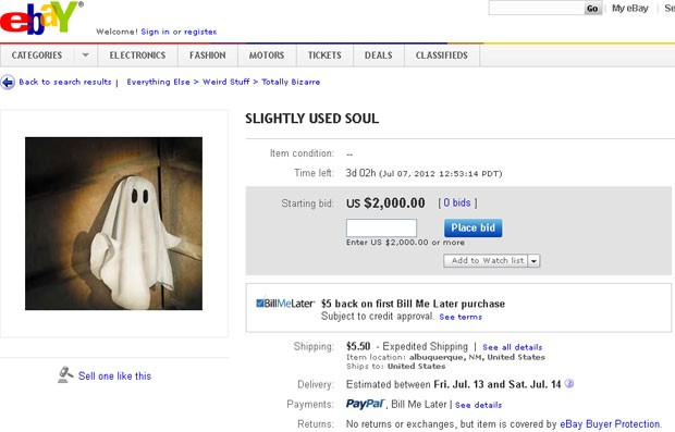 Americana coloca a alma a venda no ebay [+LOL] Alma