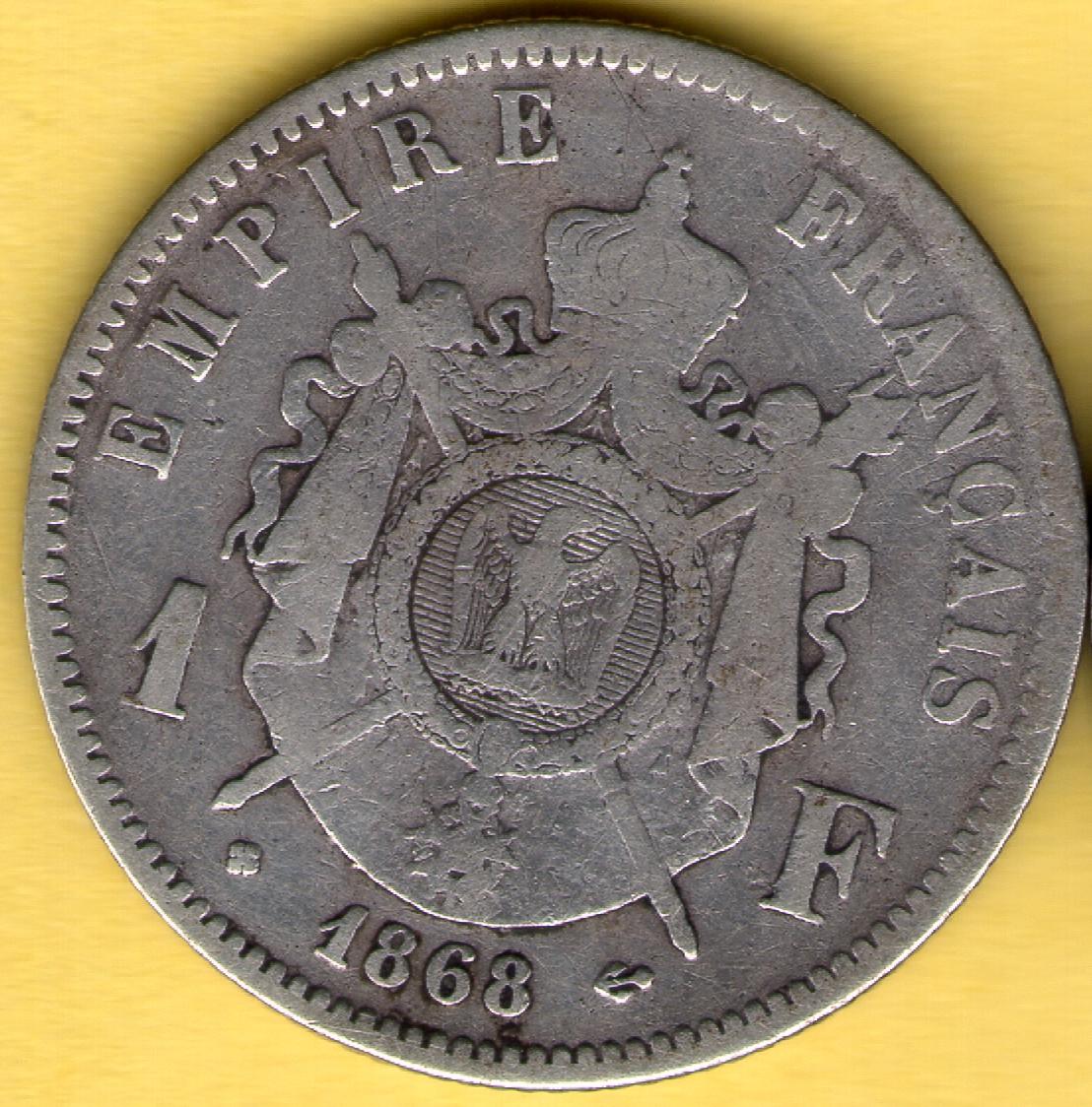 1 Franco. Napoleón III. Francia. 1868. Rev_Napole_n