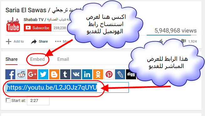 شرح وضع مقطع يوتيوب في صفحة html Image