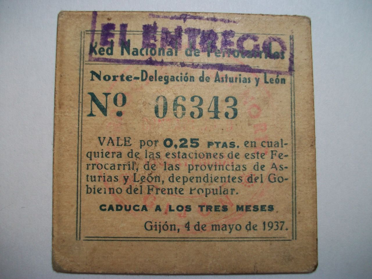 0,25 Ptas. Red Nacional de Ferrocarriles Norte-Asturias y León. 4 Mayo 1937 100_1574