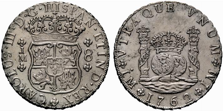 Reales de a 8 y del tipo columnario. Li_62_JM_dos_puntos_real