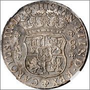 8 reales "columnarios" 1772. Carlos III. Lima. Corgan dedit. Image