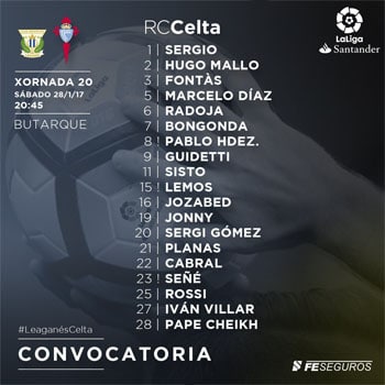 C.D. Leganés 0-2 R.C. Celta | 20ª Jornada Liga Convocatoria