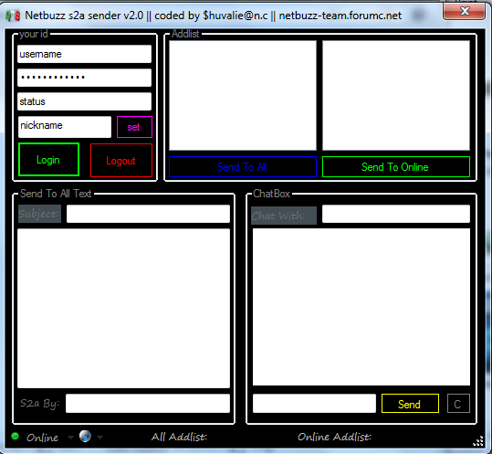 Netbuzz s2a sender v2.0 coded by $huvalie@n.c Stantb